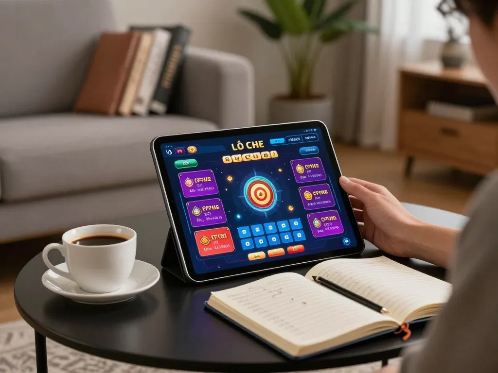 Lô đề online gaming session showing strategic betting on a tablet in a cozy living room setting.