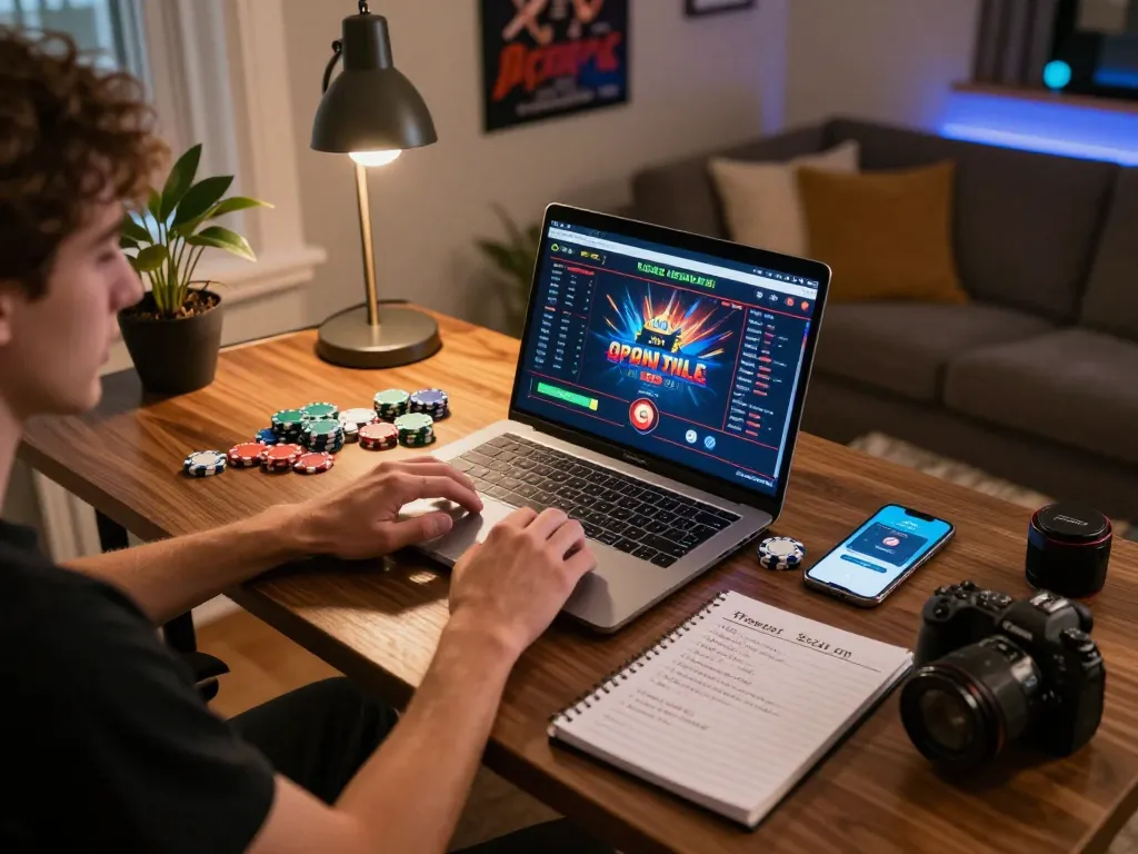 Player strategizing on non gamstop casino games, laptop showing live action with chips on desk