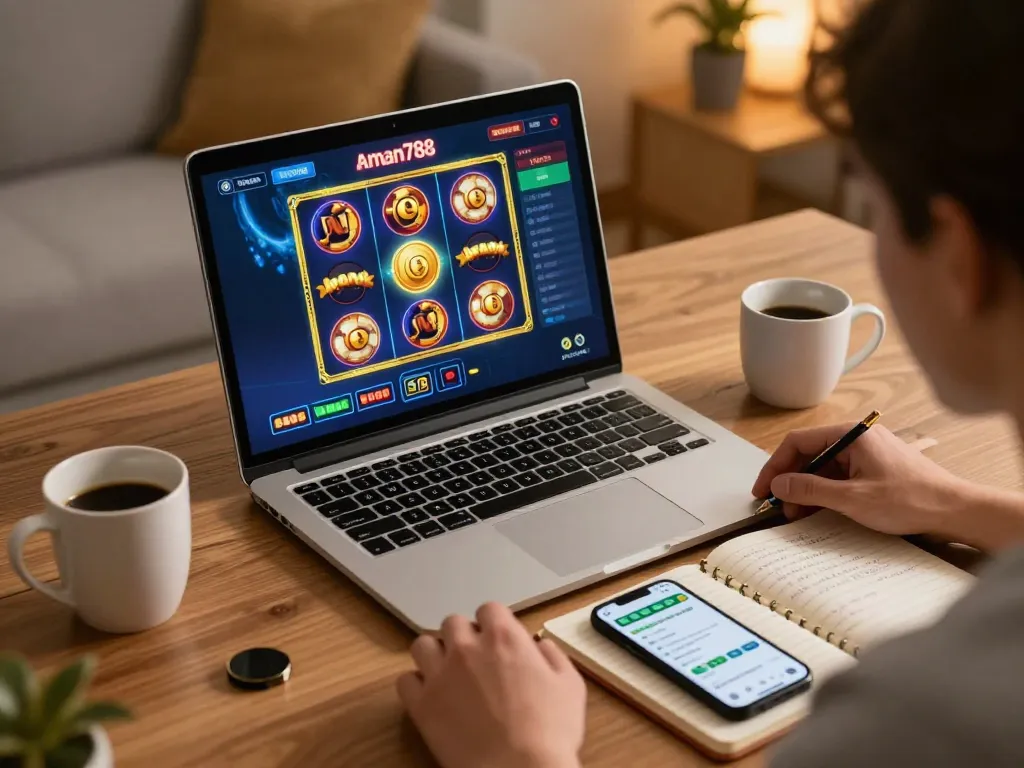 Engaging with the aman788 slot game on a laptop while strategizing at home