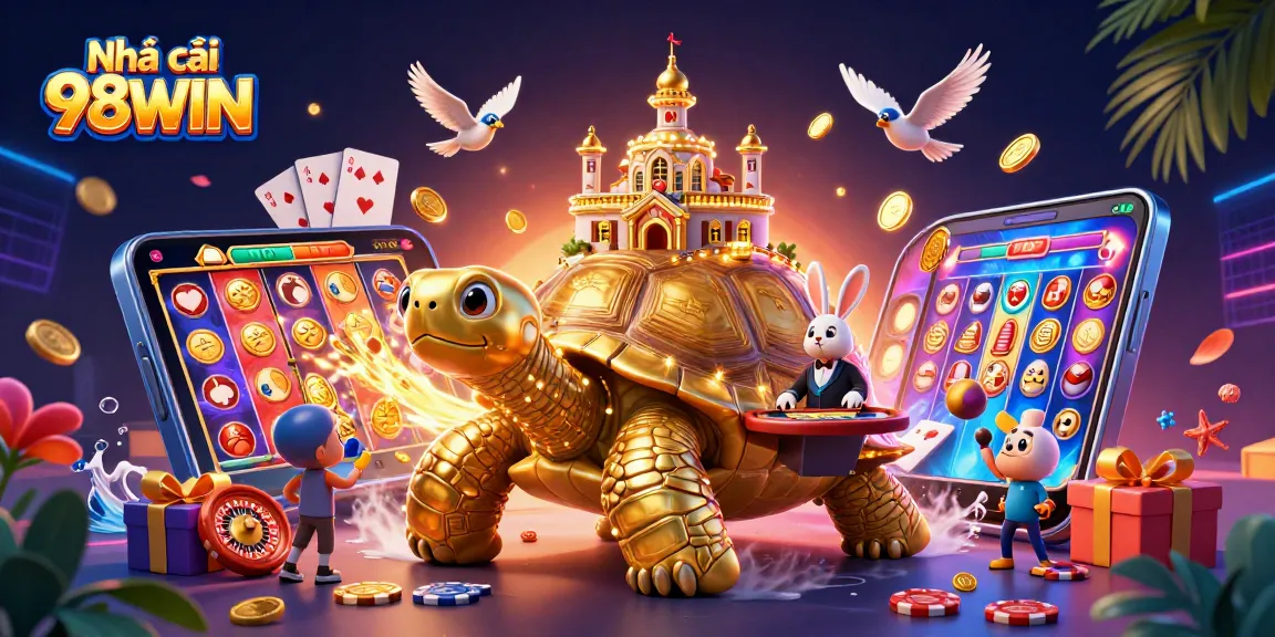Engage with Nhà cái 98WIN, where a giant tortoise hosts a vibrant casino scene full of games and excitement.