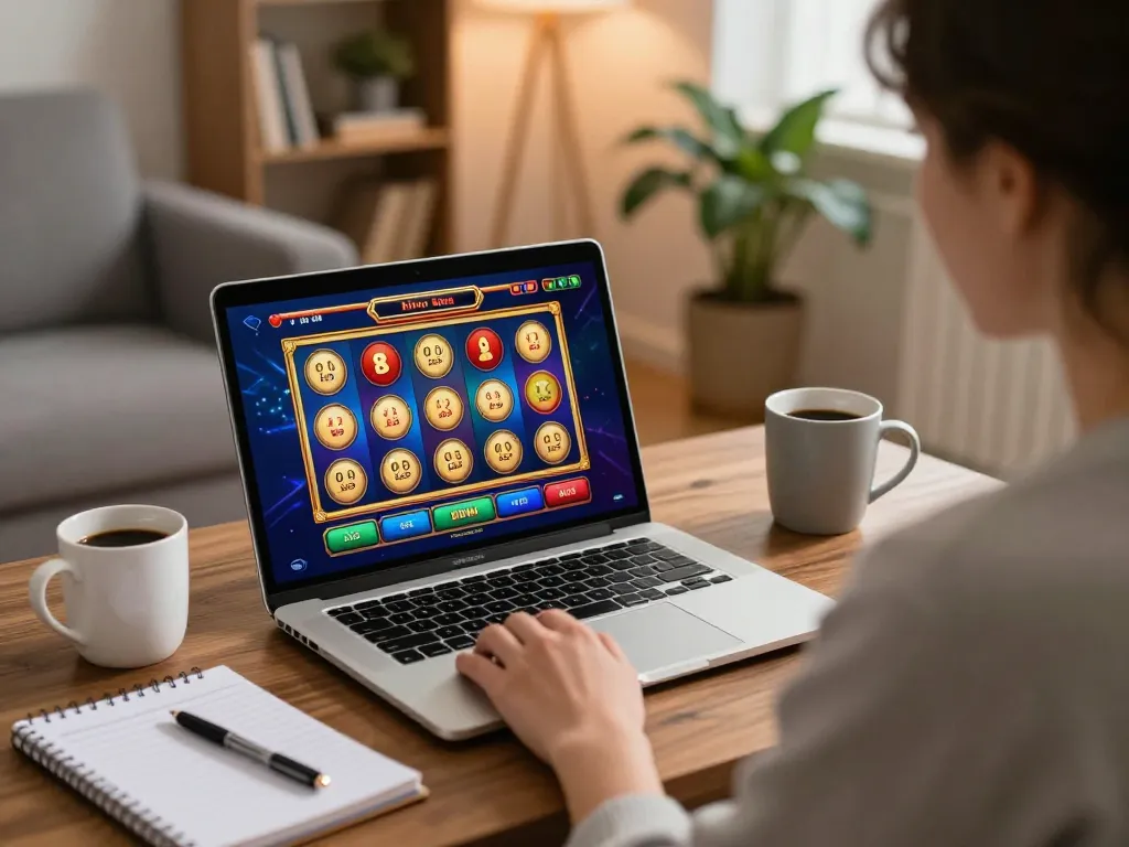 Engaging with u8888 online slot game on a laptop at home, showcasing a strategic gaming environment.