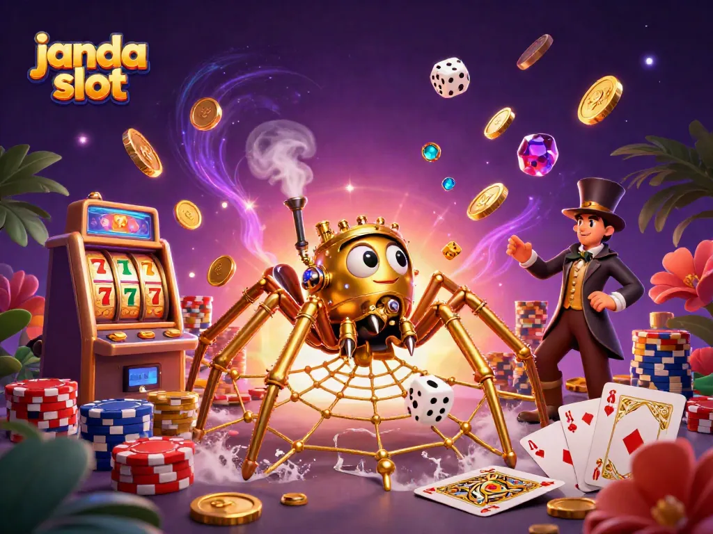 Janda slot menampilkan ilustrasi kasino dengan laba-laba steampunk menangkap dadu dalam jaringnya.