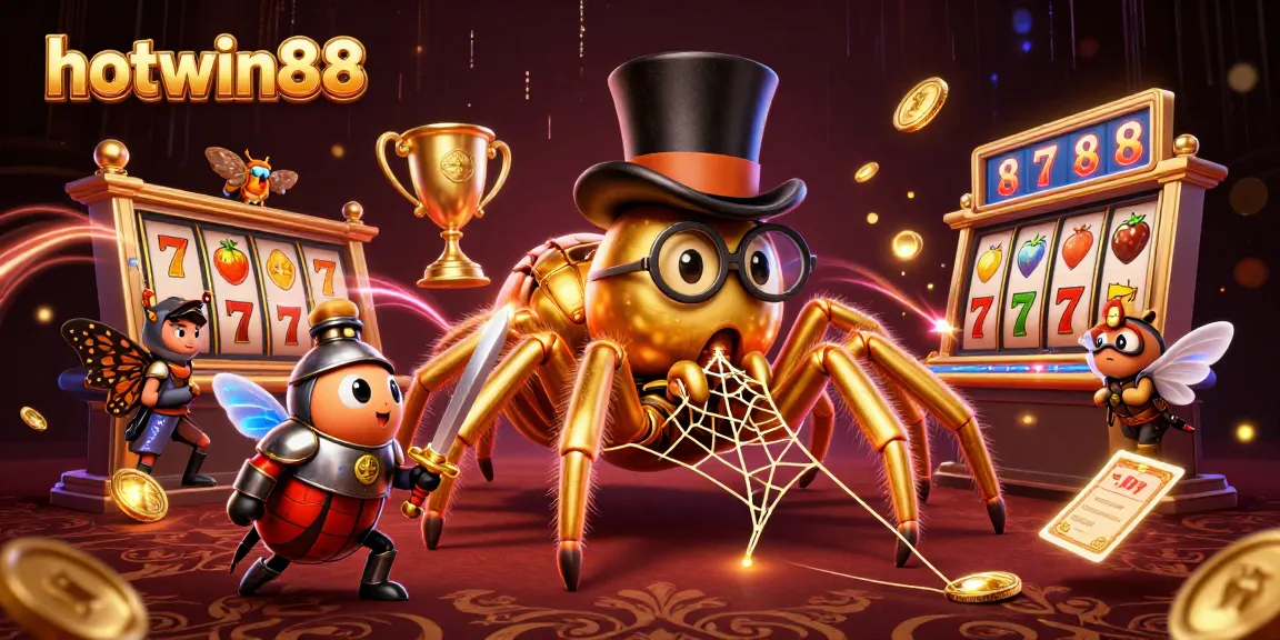 Play thrilling games at hotwin88 with golden tarantula and beetle knight in a vibrant casino scene