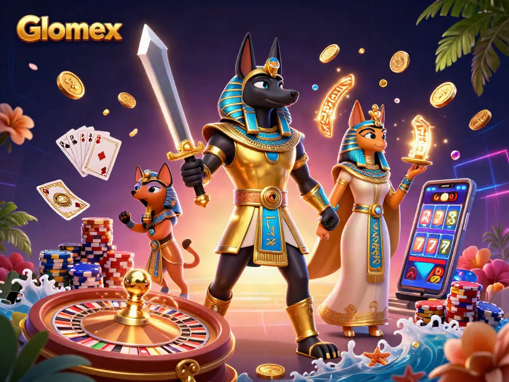 Experience wins with Glomex in a vibrant casino scene featuring rolling roulette wheels and golden coins.