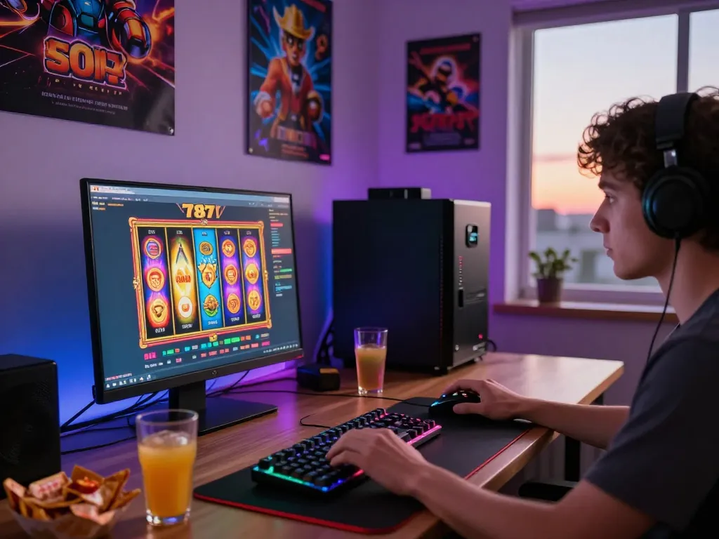 Pemain terlibat dengan antarmuka game slot787 online, gulungan berwarna-warni dan makanan ringan di meja