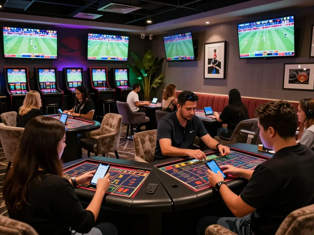 Engaging scene of sports betting at the SC88SEO lounge with patrons placing bets on screens