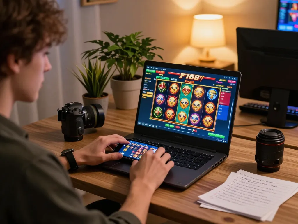 Player engaging with F168 online casino games during a cozy home gaming session.
