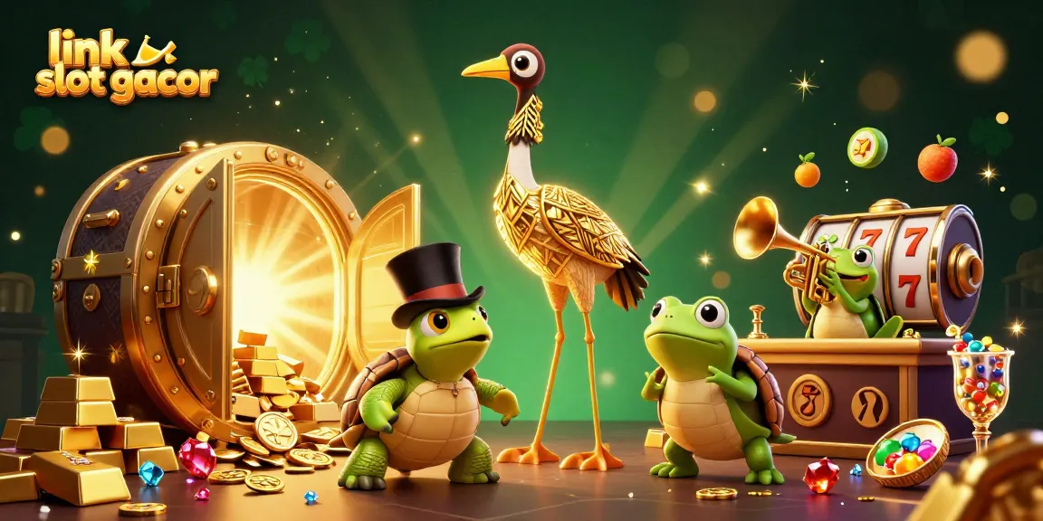 Experience excitement with link slot gacor in a vibrant 3D casino illustration showcasing lively characters and rich gaming elements.