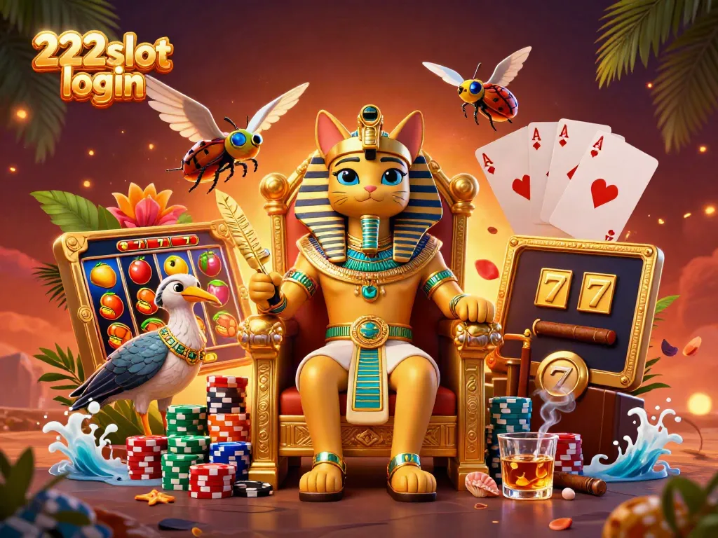 Gambar menampilkan proses login di 222slot, dengan kucing firaun dan elemen slot yang mencolok.