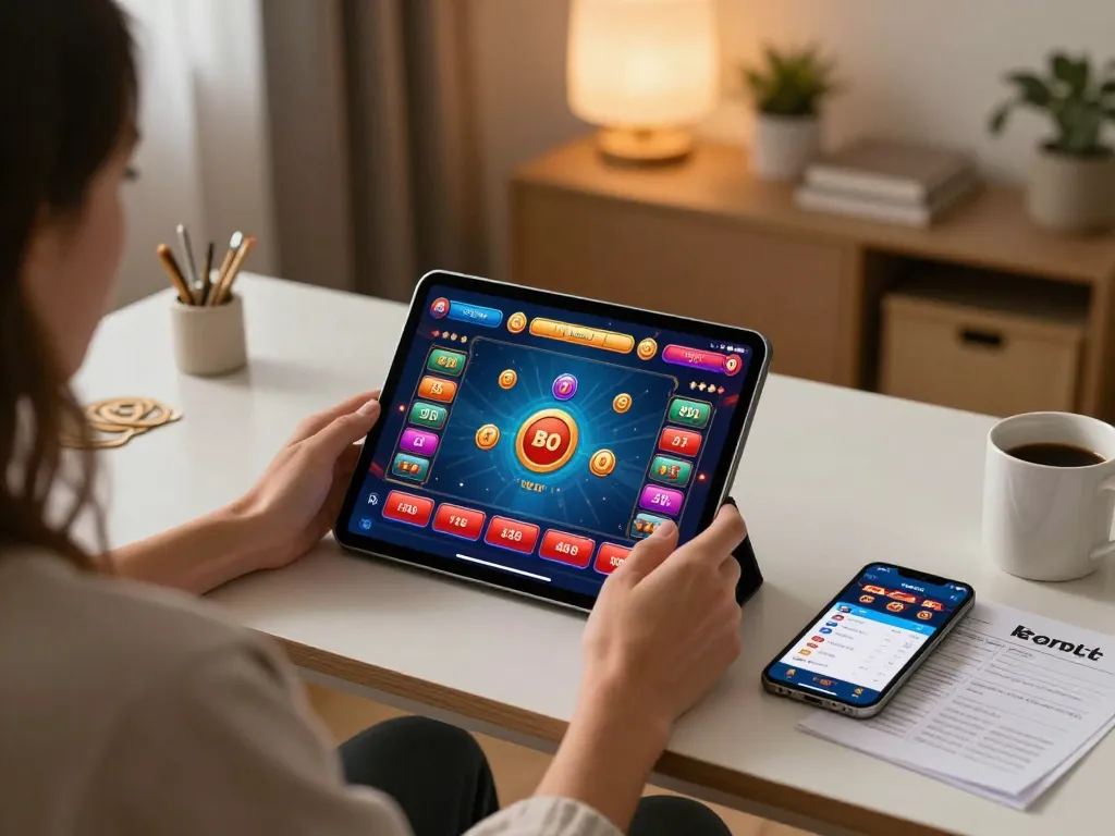 Trải nghiệm chơi game trực tuyến thú vị với Lucks8 trên một chiếc máy tính bảng trong một thiết lập văn phòng tại nhà phong cách, thể hiện việc đánh bạc có trách nhiệm.