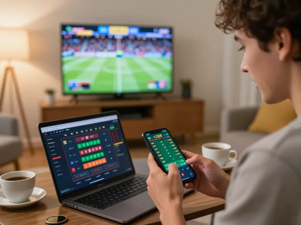 Player engaging in sports betting on Fun88 app in a cozy living room setting, showcasing excitement and strategy.