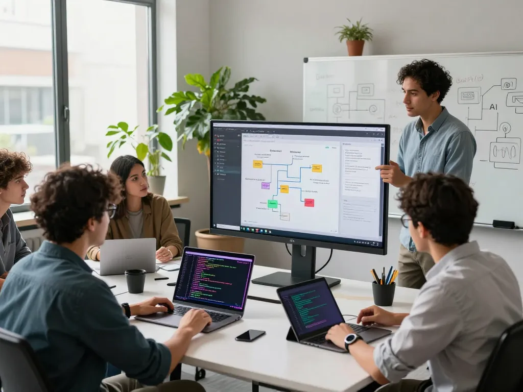 Dynamic tech workspace with AI developers collaborating on innovative projects, focusing on juicy ai applications.