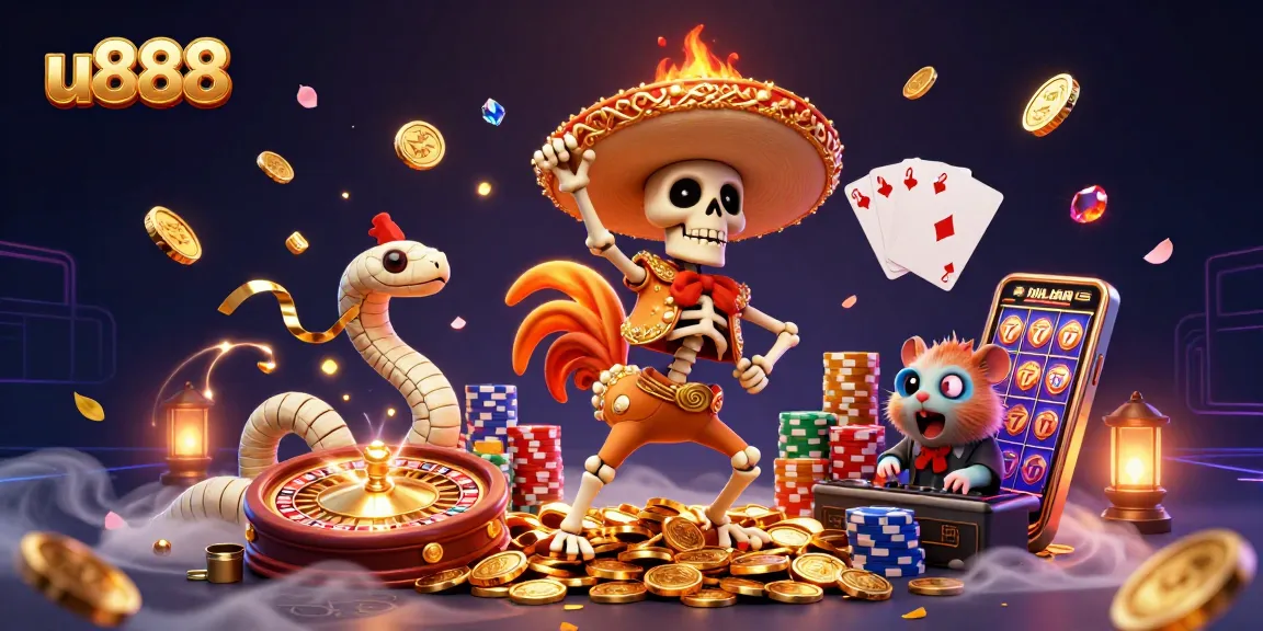 Experience the thrill of u888 casino games with a vibrant 3D illustration of characters and golden elements.