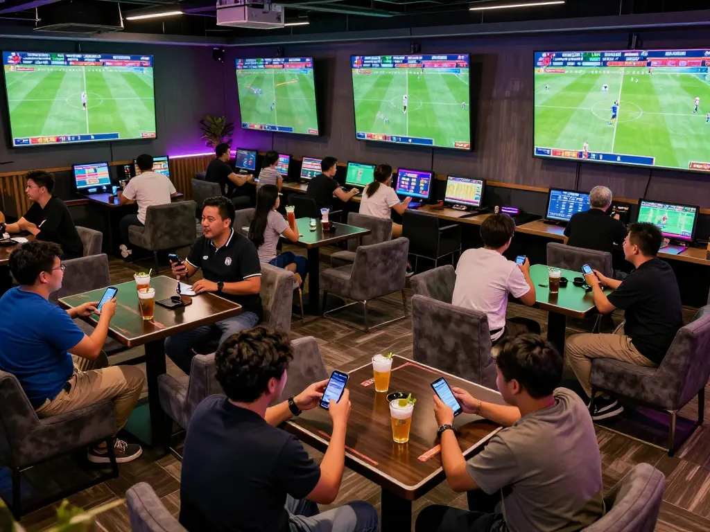 Tỷ Lệ Bóng Đá betting experience in a lively sports lounge with fans analyzing odds.