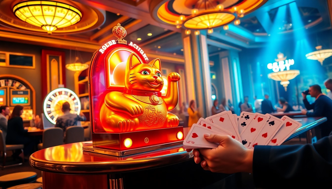 Play the lucky neko slot machine surrounded by casino excitement and winning players at vibrant tables.