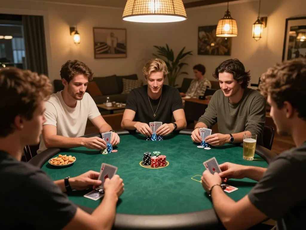 Friends playing poker at home with stacks of chips and cards, showcasing n188 social gambling experience.