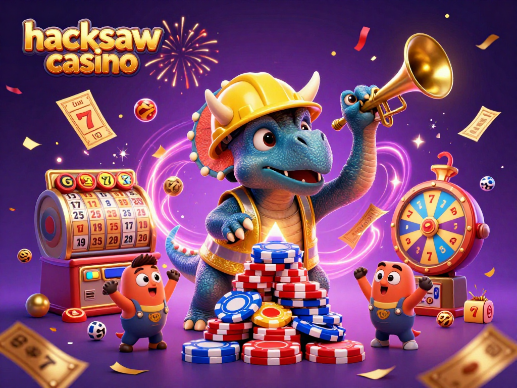 Experience excitement at hacksaw casino with vibrant 3D characters building poker chip pyramids amidst a gaming celebration.