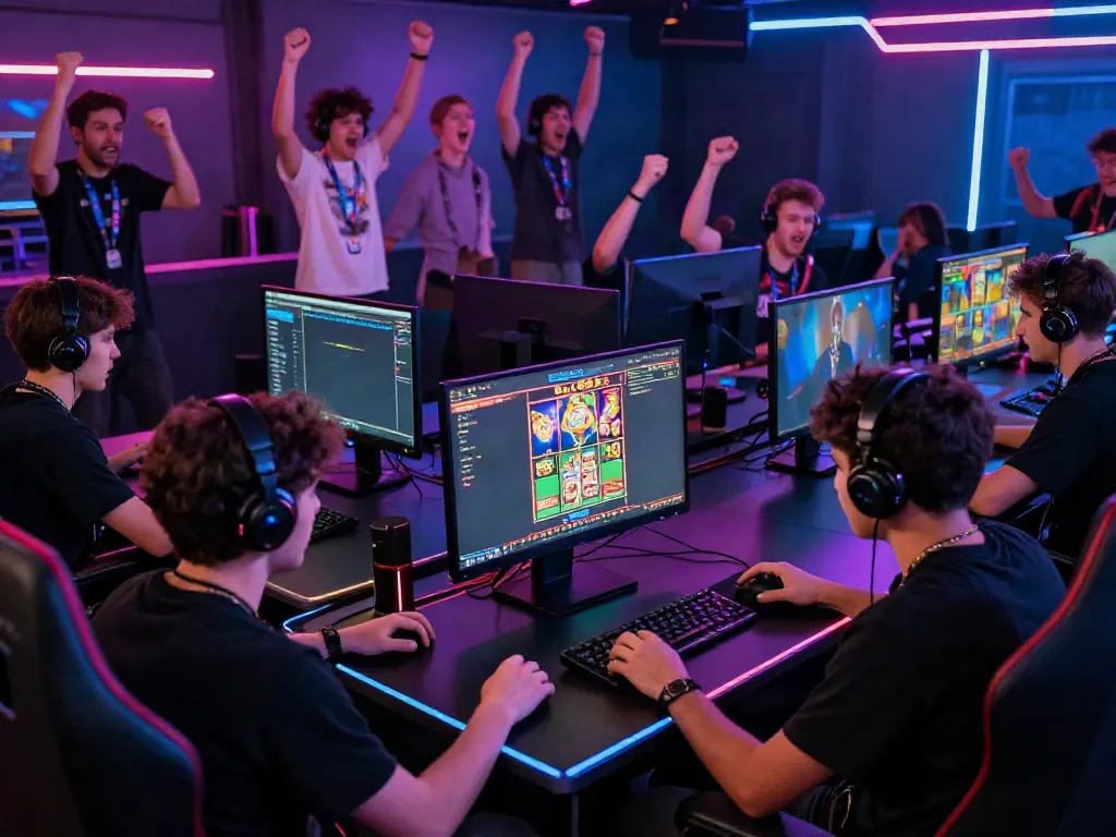 Engaging gamers in a vibrant SLOT GACOR online gaming environment with diverse players and vibrant screens.