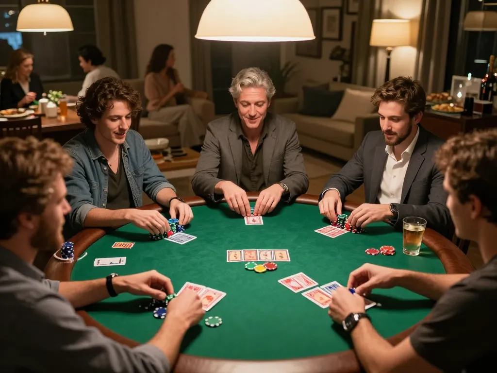 Friends enjoying a lively poker game at home, showcasing 789club chips and cards amid a warm, inviting atmosphere.