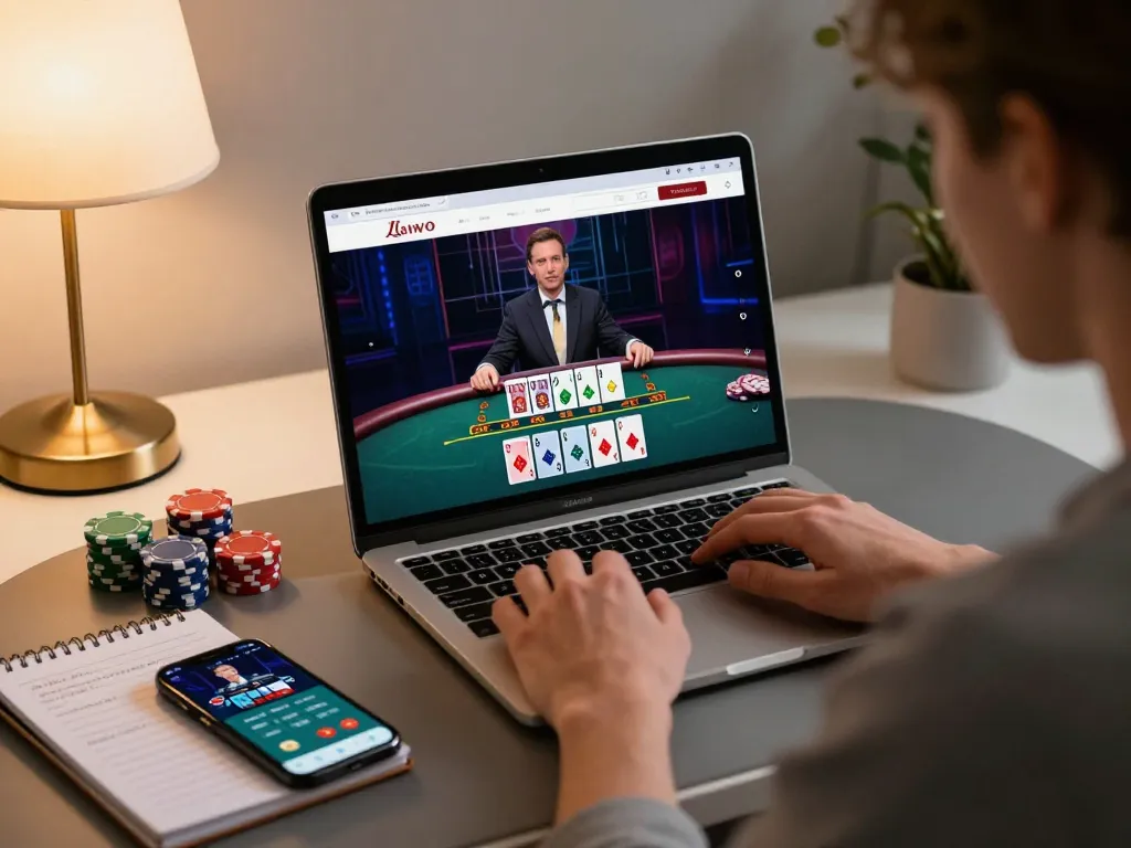 Player engaging with live dealer blackjack on w188 platform, showcasing strategic gameplay and casino ambiance