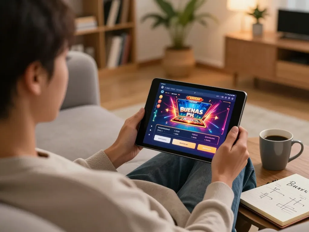 Engaging with Buenas PH online casino on tablet in a cozy home environment.