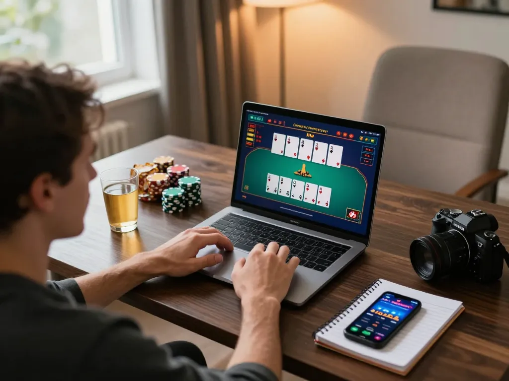Engaging in online poker game showcasing dash88 strategies with laptop setup, warm atmosphere.