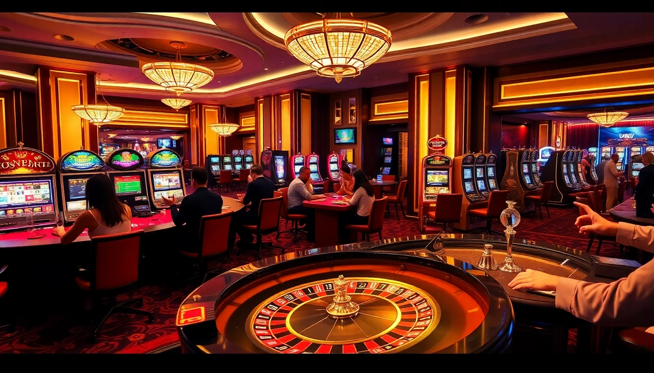 Players enjoy high-stakes games at nhà cái rr88's luxurious casino featuring vibrant tables and slot machines.