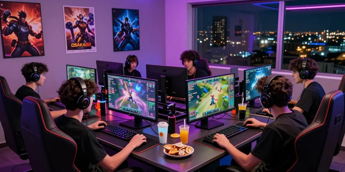 Exciting online gaming experience on OSAKA88 with players, vibrant graphics, and snacks.