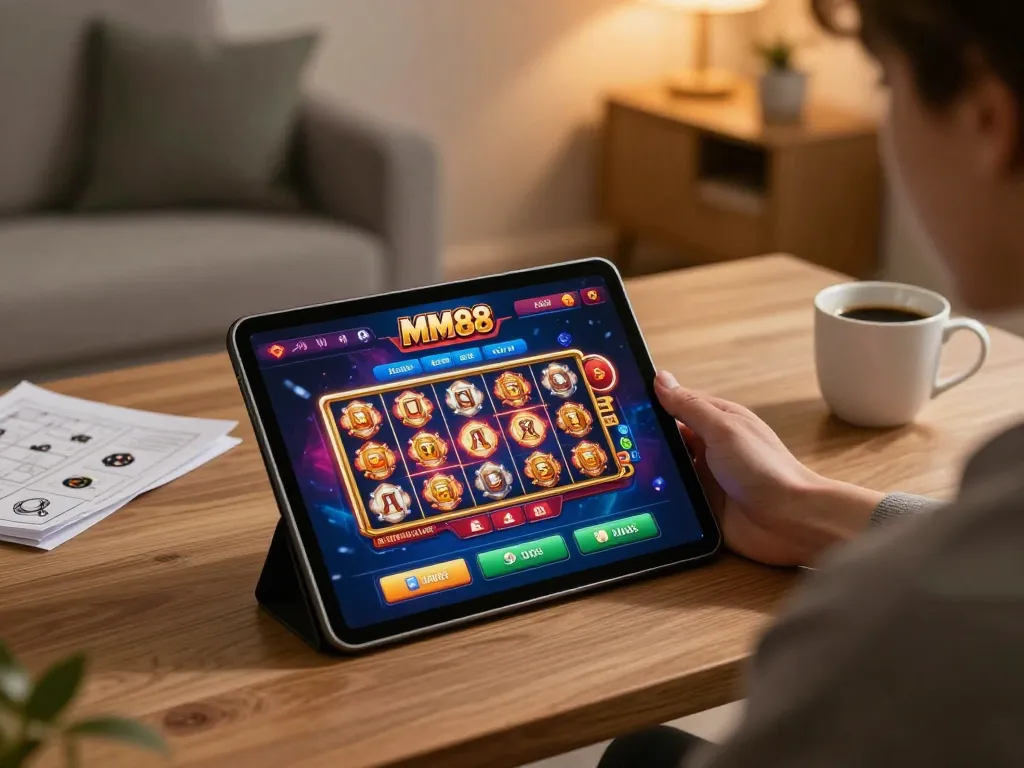 Engaging in online casino gaming with MM88 app using a tablet in a cozy home setting.
