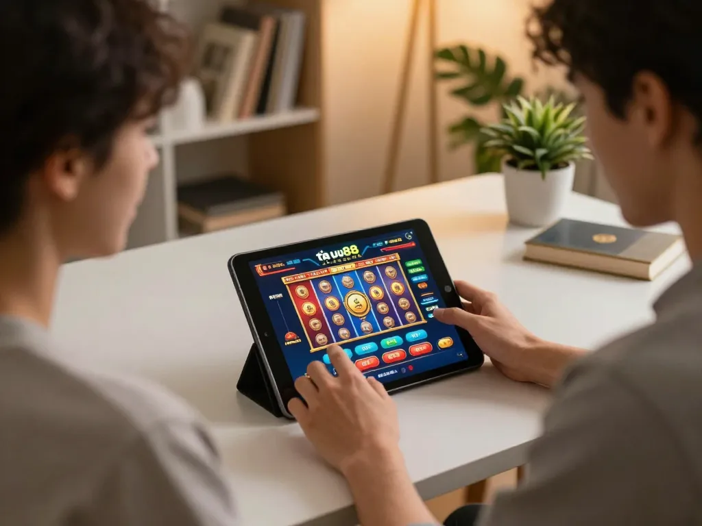 Play and win on tải uu88 while enjoying a cozy home gaming setup with a tablet and warm lighting.