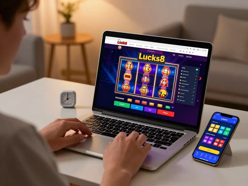 Lucks8 user engaging with online casino games on laptop and smartphone for responsible gambling.