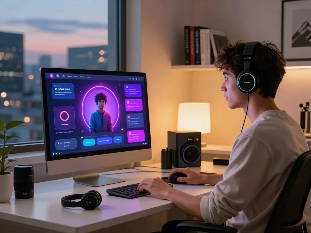 Engaging user experiencing AI sex chat with customizable digital companion on a modern workspace.