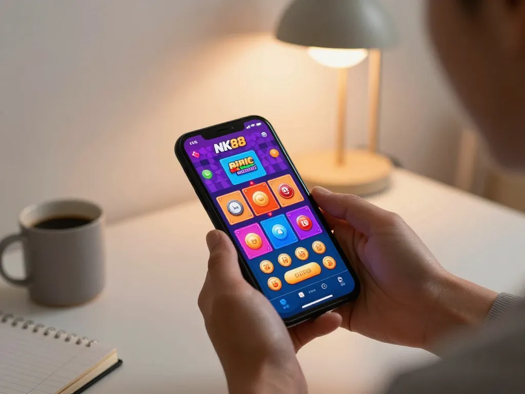 Player enjoying NK88 casino app on smartphone in a cozy home setting