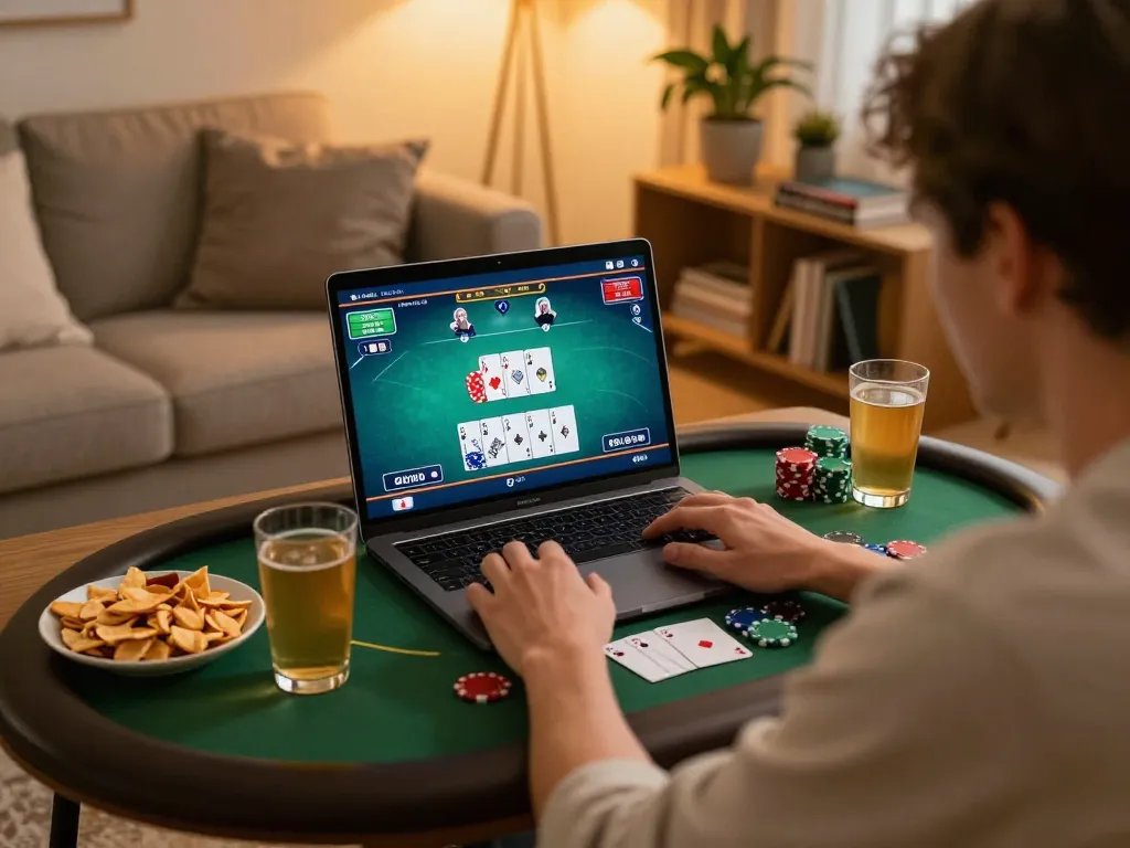botanicabali - Engaging in poker on a laptop at home, showcasing a warm gaming environment