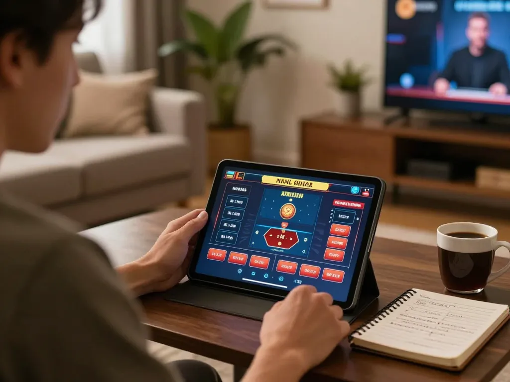 Online gambling scene at home with kuwin game interface on tablet, showing betting activity