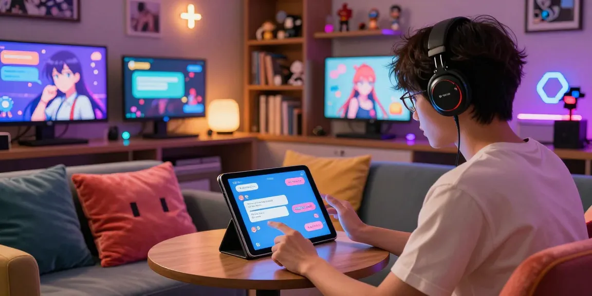 Engaging ai hentai chat interaction with vibrant anime characters in a cozy digital lounge setting.