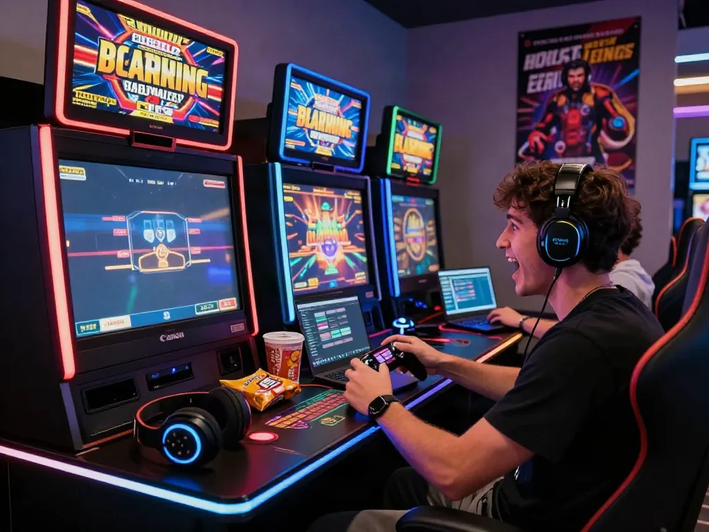 Player immersed in akunjp online gaming action with vibrant slot machine visuals and modern gaming setup.