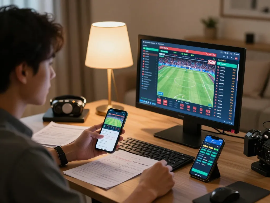 Engaging in sports betting with kèo nhà cái insights on multiple screens at home for strategic decisions.
