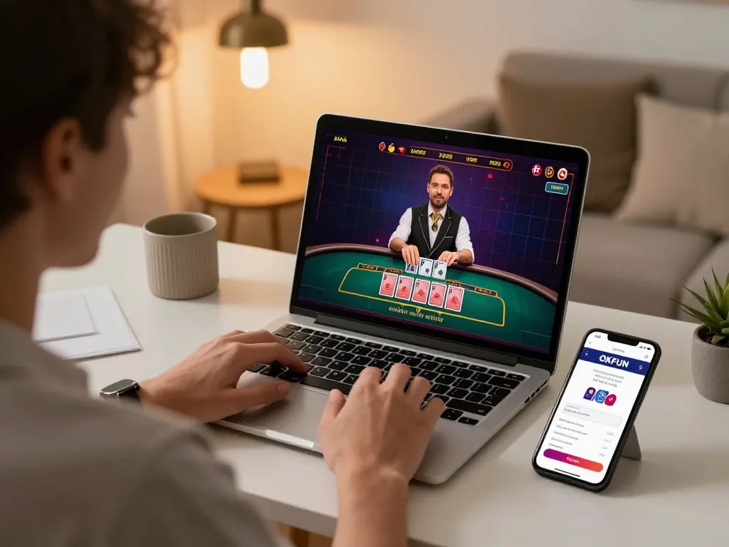 Engaging in online casino action with OKFUN app on a laptop and smartphone, showcasing gaming excitement and mobile convenience.