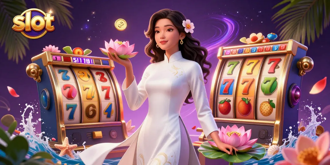Engaging Asian woman displaying winning slot game elements with colorful reels and coins