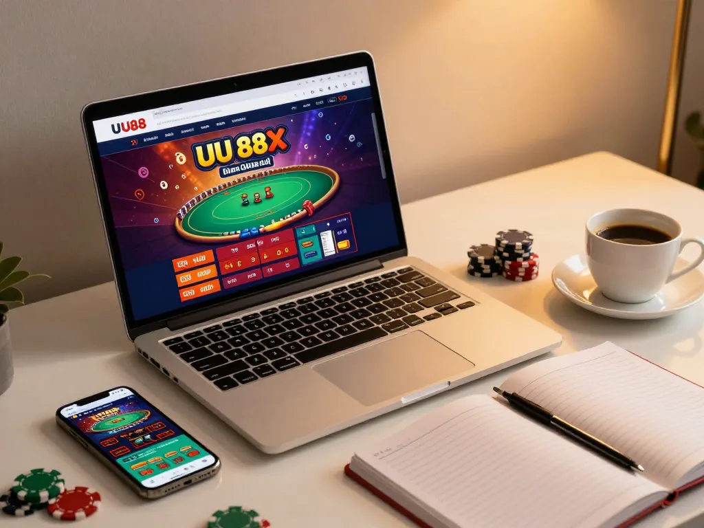 Engaging with UU88 through an online casino setup featuring a laptop, smartphone, and gaming notes.