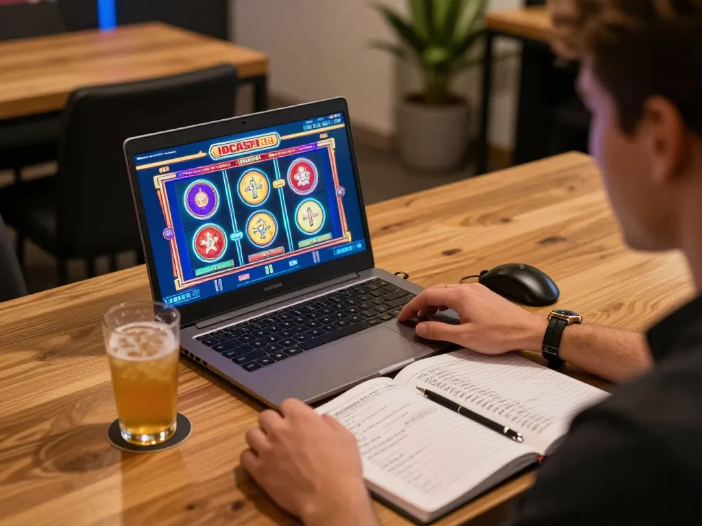 Person enjoying online slots at IDCASH88, showcasing colorful gameplay on laptop.