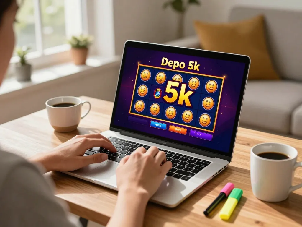 Engaging gameplay of slot depo 5k on a laptop in a cozy home setup, showing betting interface and strategic notes.