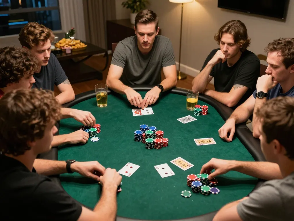 WIN4U players engaging in a focused poker game with chips and cards laid out in a cozy home setting