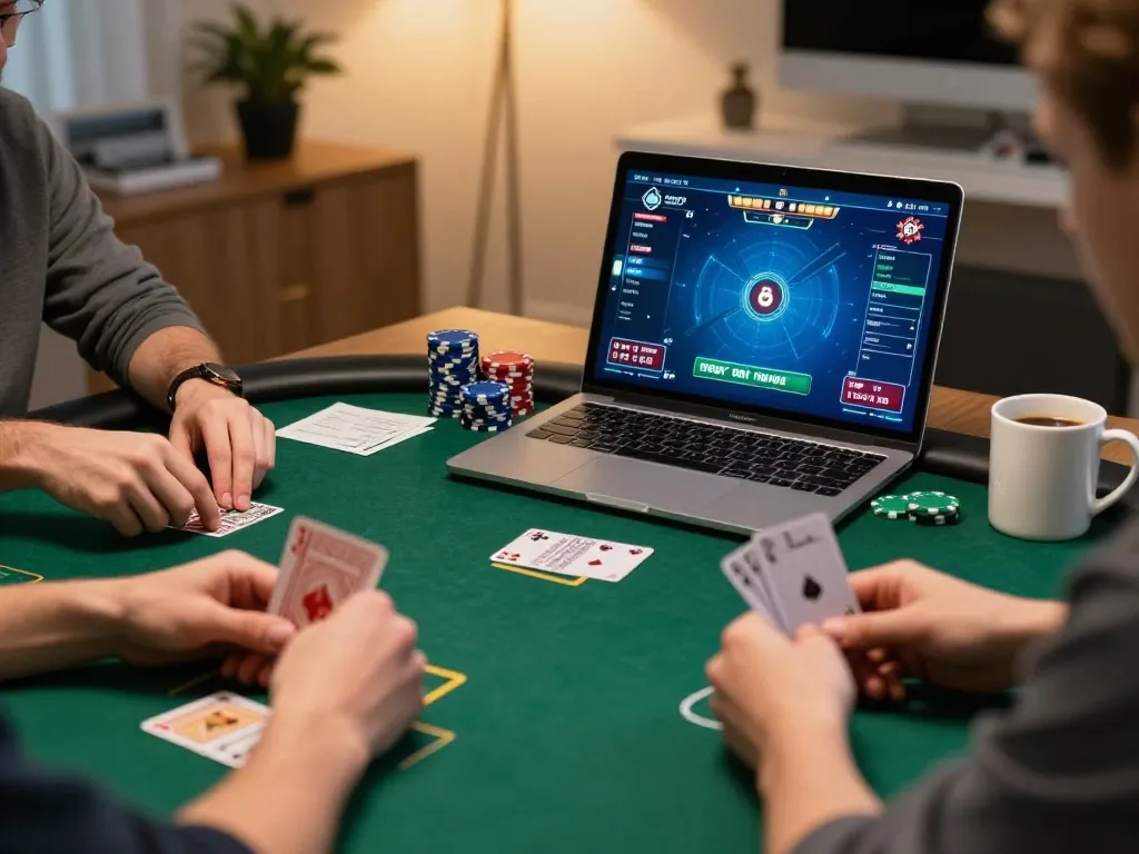Players strategizing in an online poker game dubbed g28, chips stacked in front of them, showing intense focus.