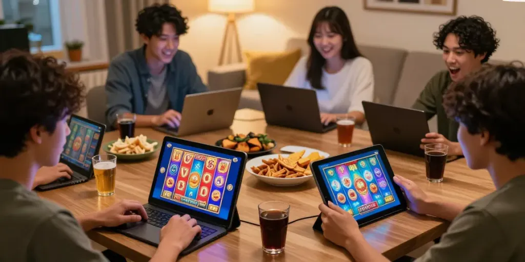Excited players enjoying SLOT TOTO games at home with colorful displays and cozy atmosphere.