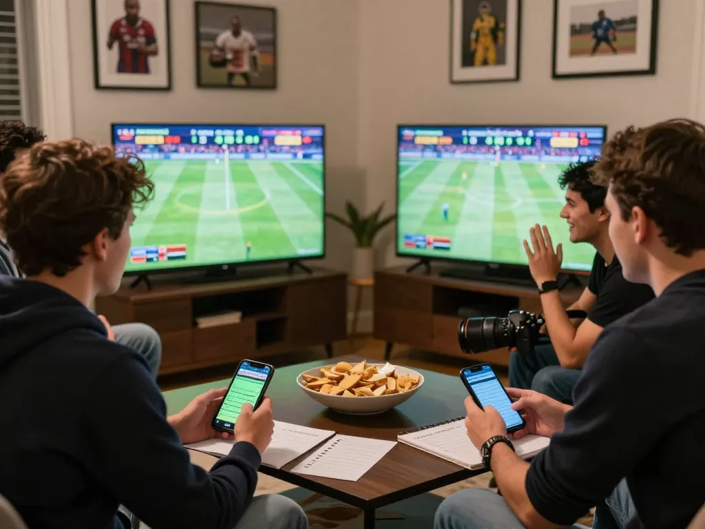Friends enjoying an exciting sports betting session while analyzing live games using nhà cái apps in a cozy setting.