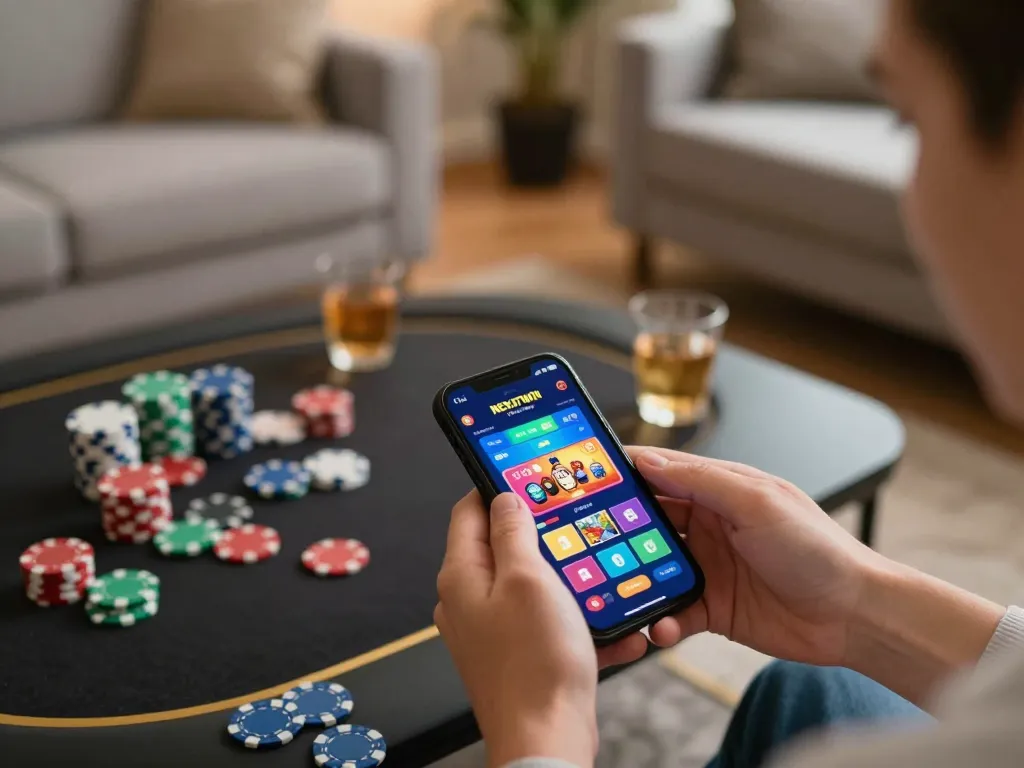 Engaging with the NEKATWIN daftar gaming app on a smartphone in a cozy home environment