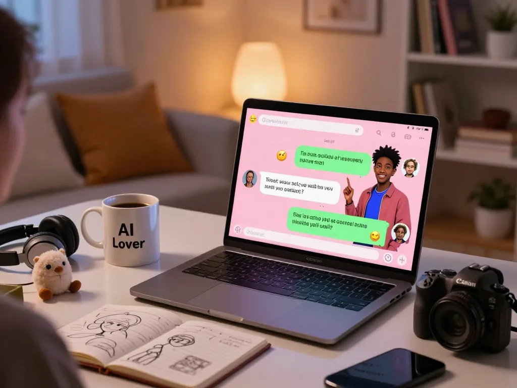 Engaging in ai sex chat with a vibrant AI companion on laptop screen in a cozy digital space.