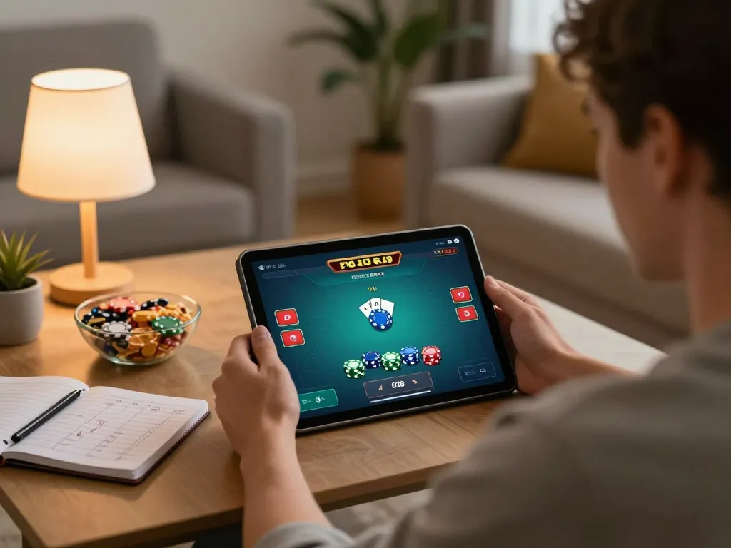 Player enjoying an online poker game on cm88 platform in a cozy living room environment.